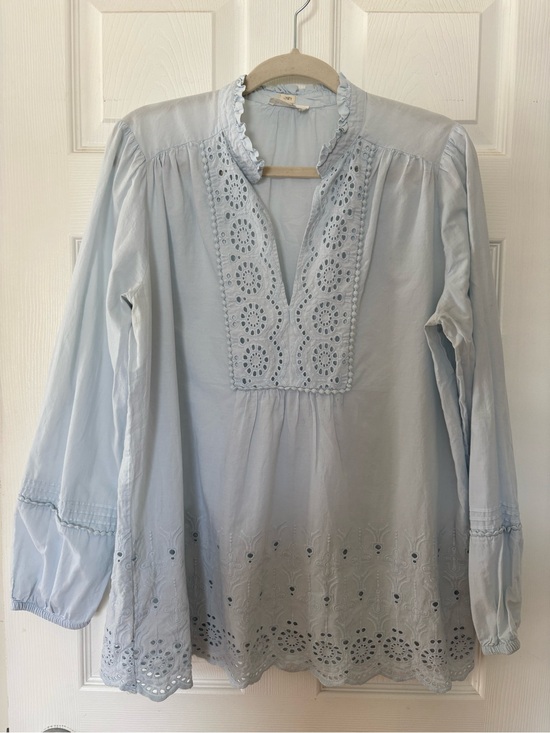 LOFT Tops - Loft Softened Light Blue Eyelet Trim Blouse XL Boho Peasant CottageCore Ruffle